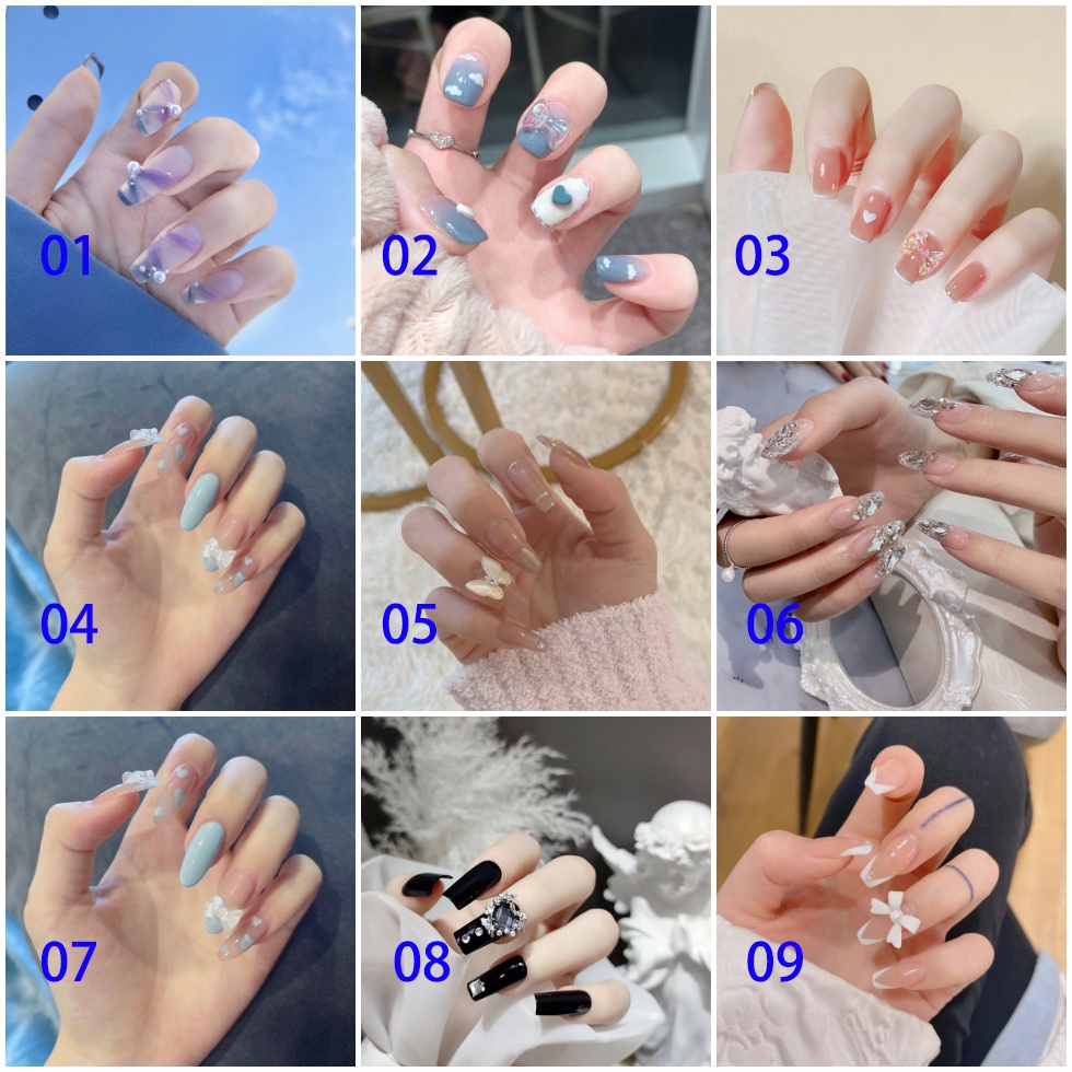 Set 24 Móng Tay Giả dài trong suốt đính nơ đá Gắn Nơ Xinh Xắn Thời Trang Cá Tính Cho Nữ móng giả đính nơ Kèm Keo Dán
