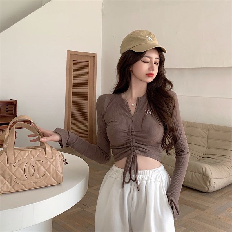 Áo croptop tay dài rút dây khoá kéo