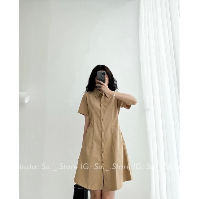 Váy Sơmi Kaki Cúc Dọc Chun Lưng Vintage | BigBuy360 - bigbuy360.vn