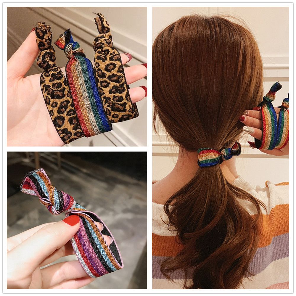 Dây Buộc Tóc Co Giãn Tốt Họa Tiết Da Báo Màu Cầu Vồng Phong Cách Hàn Quốc