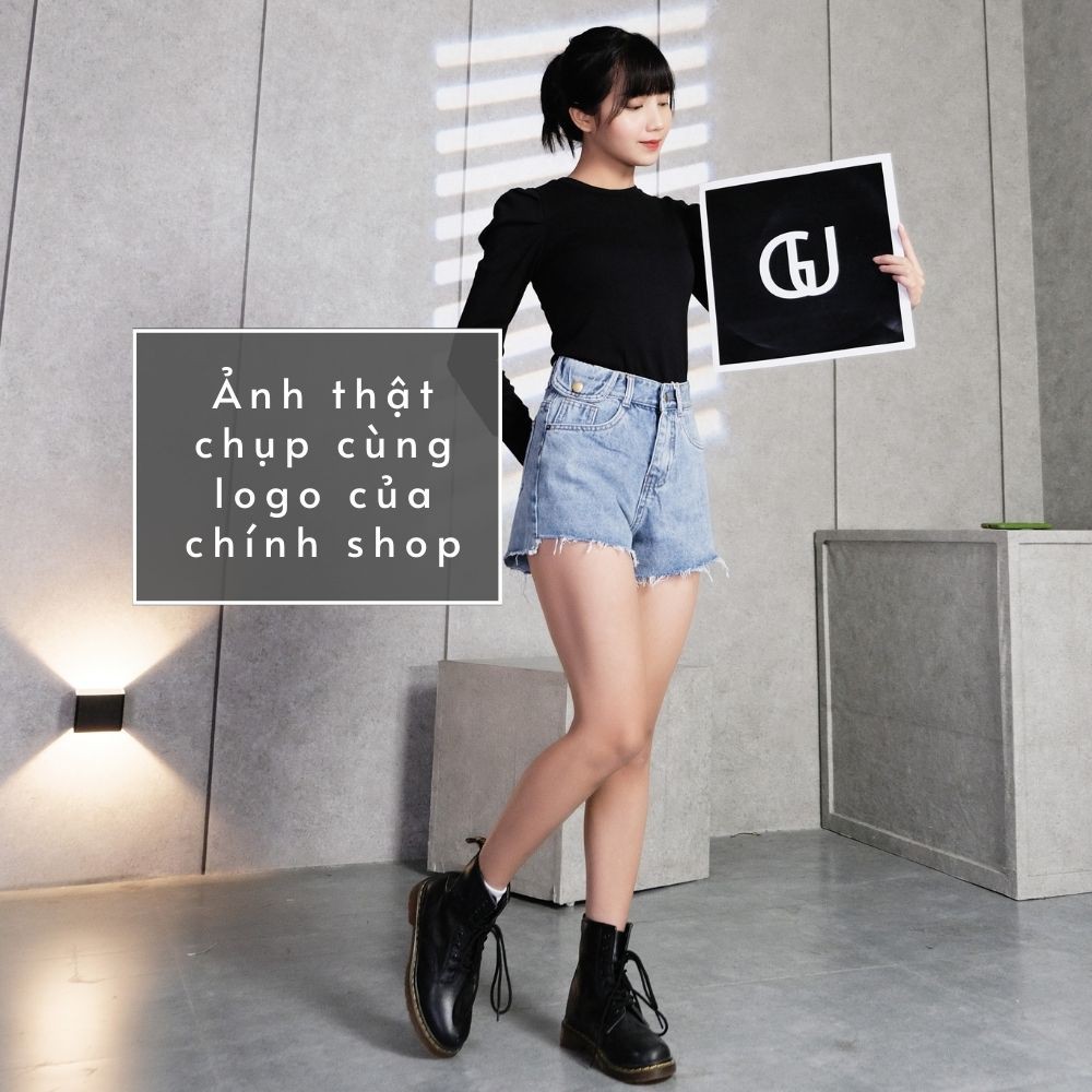 Quần Short Jean Nữ Thương Hiệu GUF Trơn Màu Xanh Chất Bò Cao Cấp Cạp Cao Dáng Rộng Chữ A | BigBuy360 - bigbuy360.vn