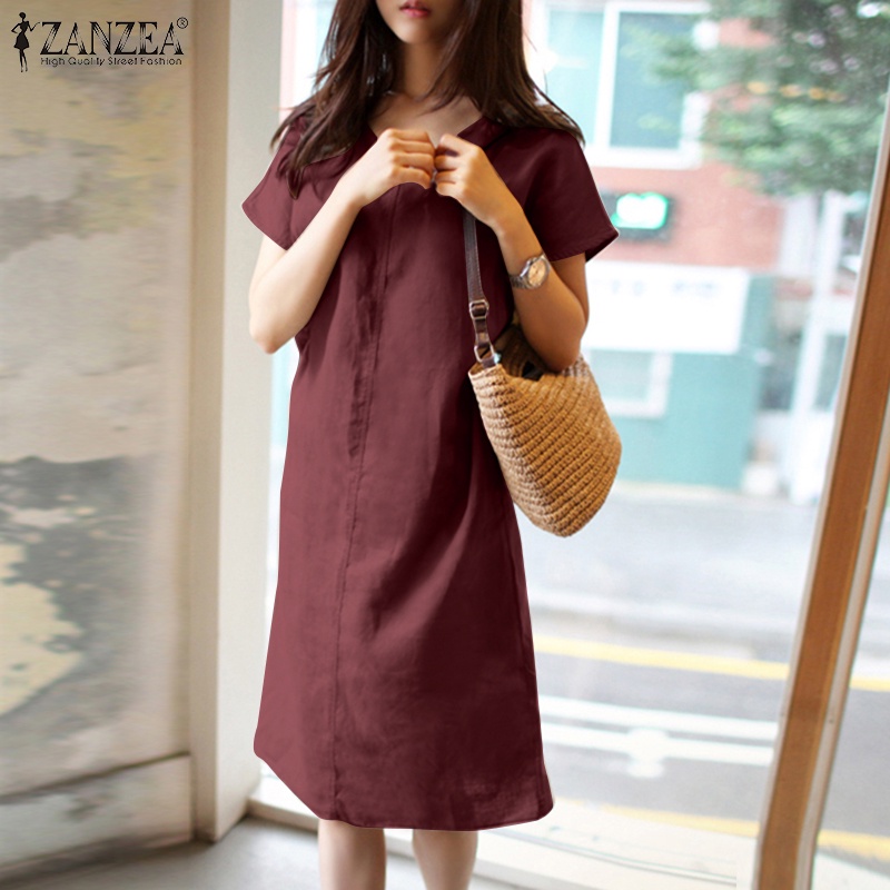 Zanzea Đầm Nữ Tay Ngắn Cổ Chữ V Thời Trang Retro