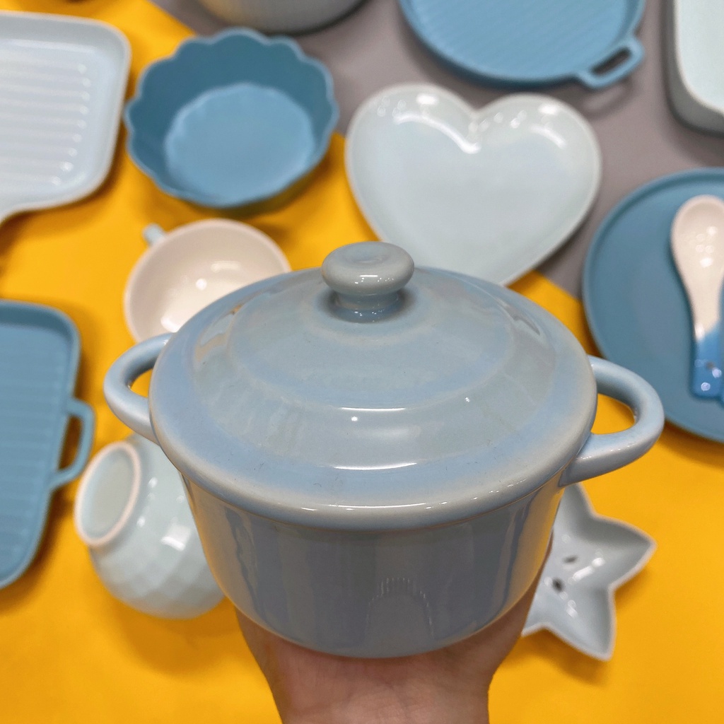 Bộ chén dĩa khay sứ nhiều hình màu xanh biển hình ngôi sao, tim
