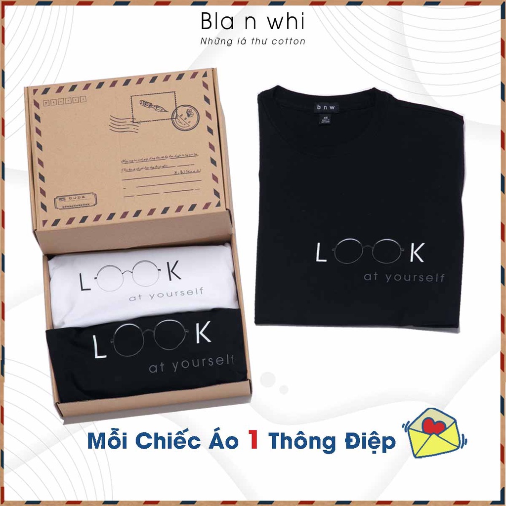 [Mã INCU50 giảm 50K đơn 250K] Áo thun cotton BNW in chữ LOOK phông trơn đen trắng basic dáng Unisex form rộng cho nam nữ