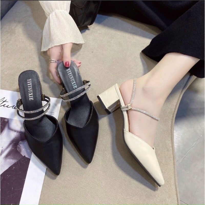 Guốc Sandal nữ dây kim tuyến mũi nhọn sang chảnh gót vuông to 5cm