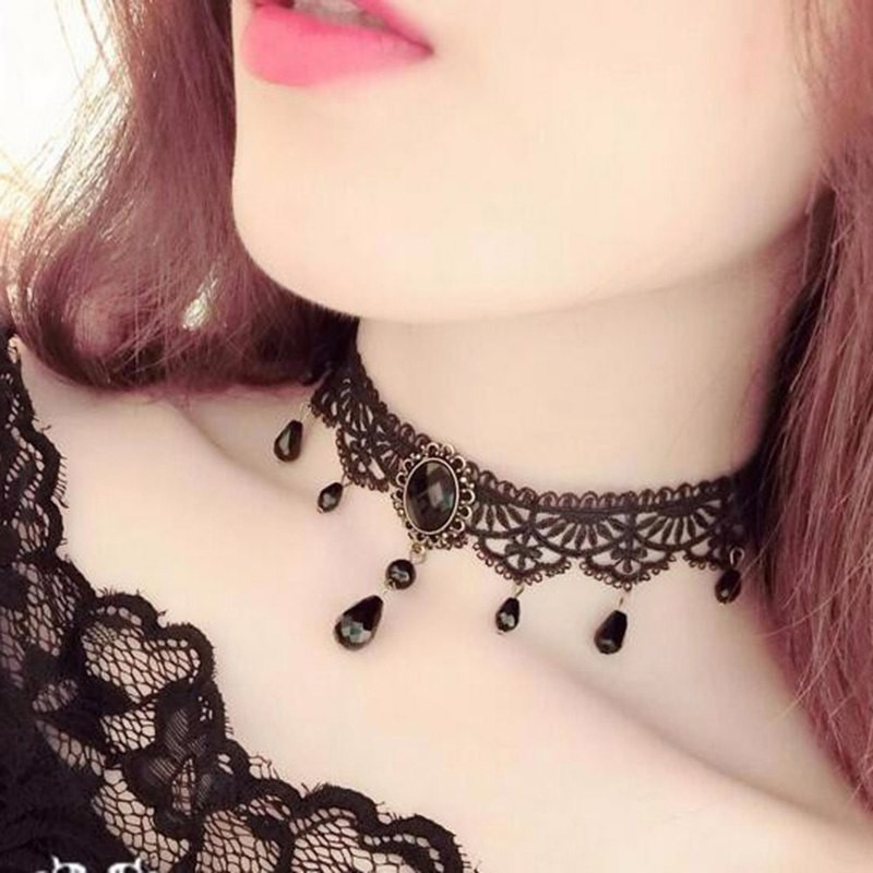 Vòng choker vải ren đính đá đen quyến rũ cho nữ