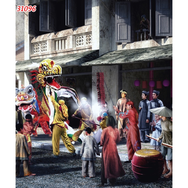 Tranh dán tường phong cách phong cách Hà Nội xưa bản trang trí Cửa Hàng 3D tặng keo và dụng cụ dán