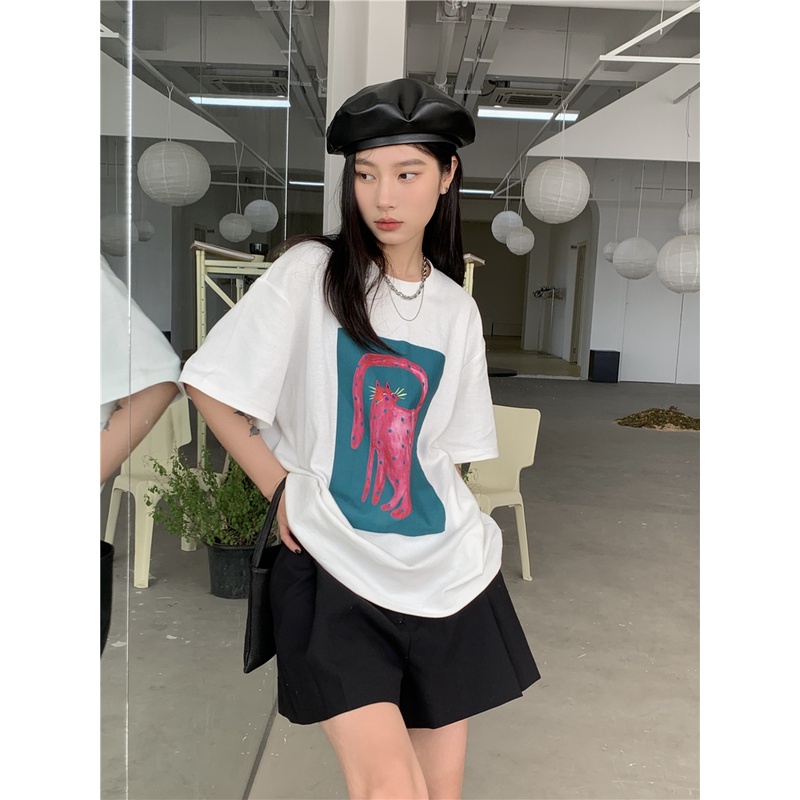 Áo Thun Cotton Tinh Khiết Tay Ngắn Dáng Rộng In Hình Báo Hồng 49896 Thời Trang Cho Nữ