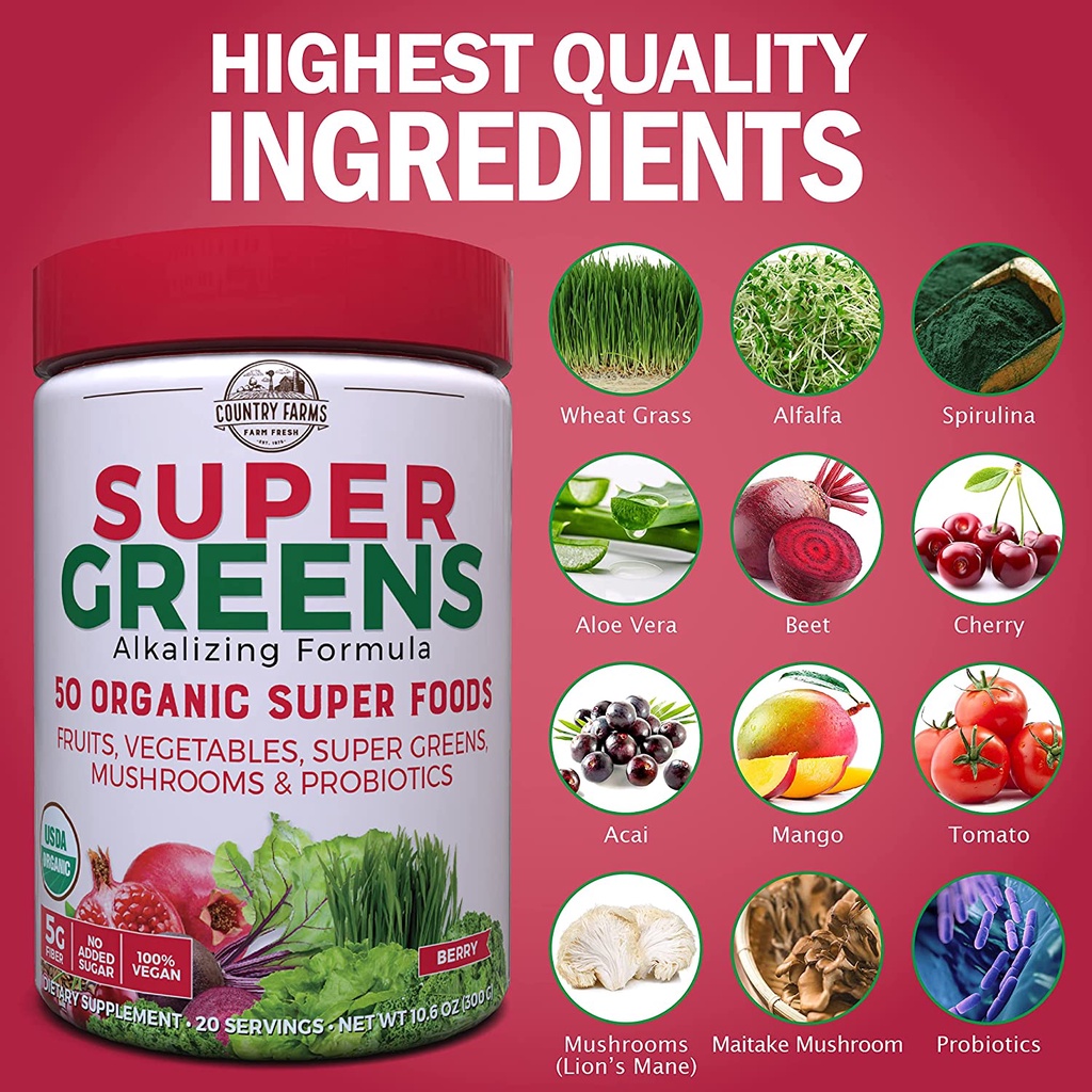 Hỗn hợp 50 siêu thực phẩm hữu cơ Country Farms Super Greens 300g