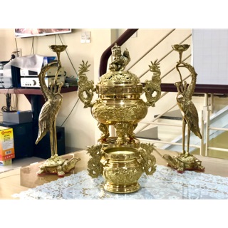 Bộ đỉnh lư và hạc đồng cao 34cm