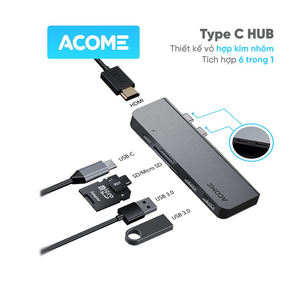 HUB Chuyển Đổi Acome AHT600 Dành Cho Macbook Chất Liệu Kim Loại Cao Cấp USB 3.0