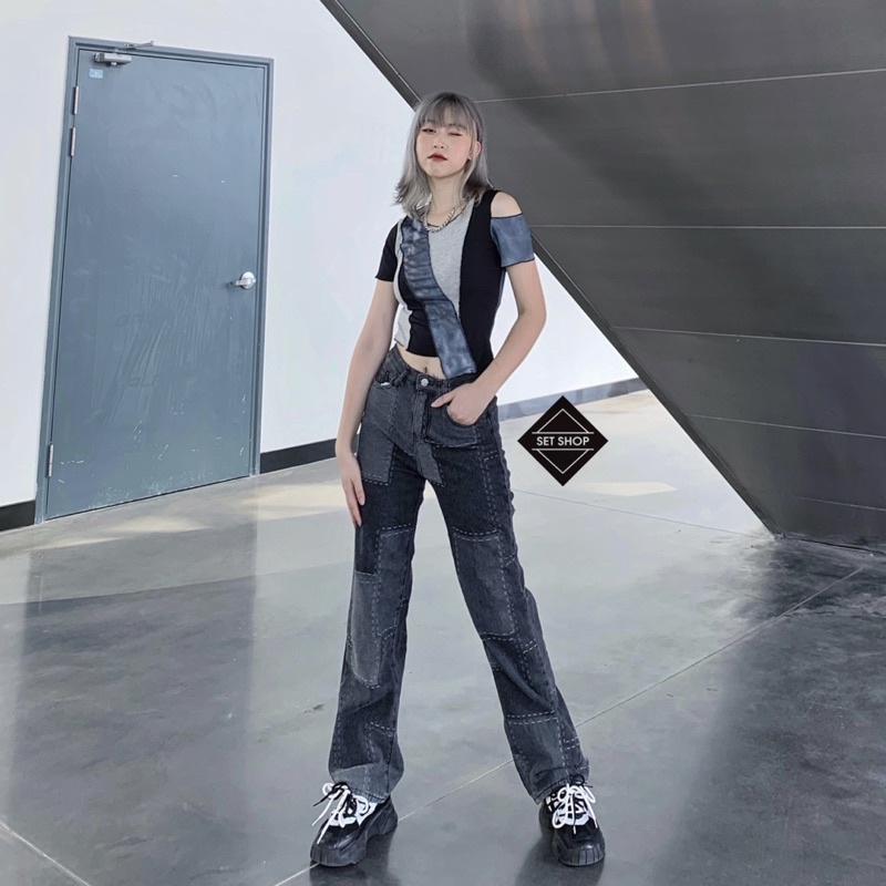 Quần jean kẻ ô phối màu đậm nhạt