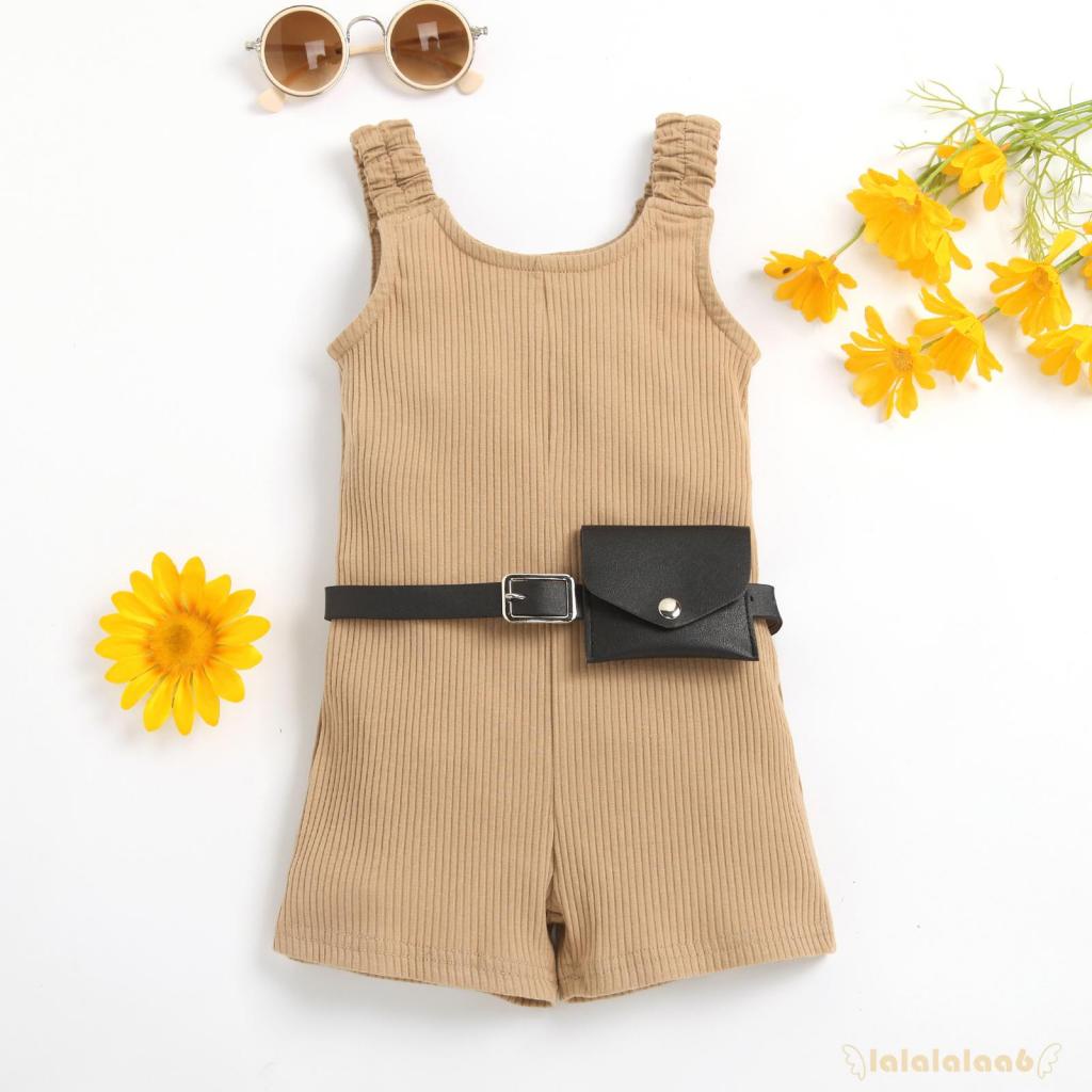 LAA6-Girl´s Jumpsuit Set, Wide Strap Sleeveless Ribbed Short Playsuit + Waist Bag