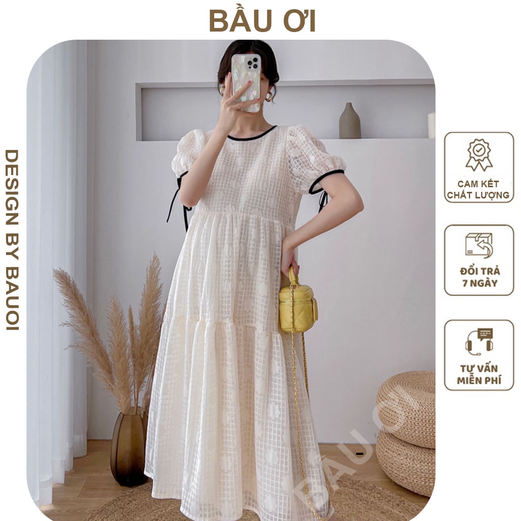 [MẪU MỚI 2022 V62] VÁY BẦU CÔNG SỞ HÀNG THIẾT KẾ REN TRẮNG HOA NỔI 2 LỚP - ĐẦM BẦU DỰ TIỆC BABY DOLL SANG CHẢNH