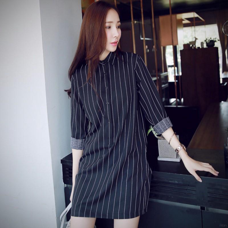 Đầm Mini Nữ Kẻ Sọc Tay Dài Cổ Bẻ Thanh Lịch đầm hoa váy hoa nhí