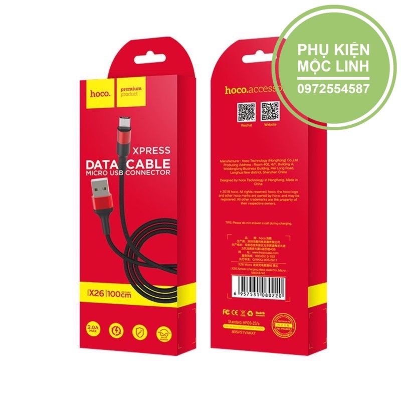 Cáp Sạc HOCO - X26 SAM SUNG MICRO USB - Sạc nhanh 2A MAX - Bọc dù - Chống rối - Chống đứt - DÀI 1M