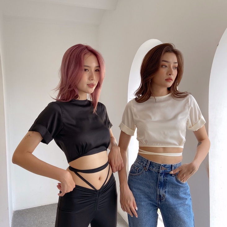 Áo cộc tay nữ croptop lụa cutout buộc dây eo Mia Ritta A2072 ảnh thật