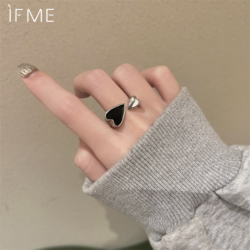 IF ME Nhẫn Hở Màu Bạc Hình Trái Tim Màu Đen Đơn Giản Thời Trang Cho Nữ