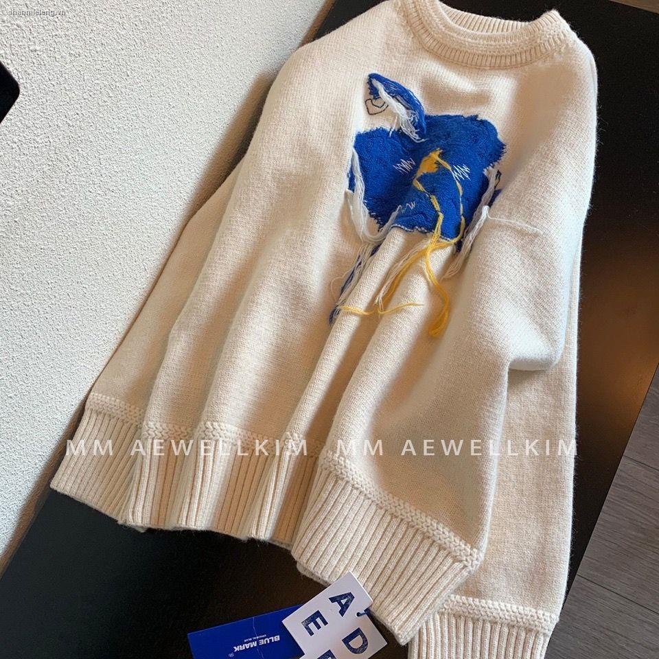 Áo sweater dáng rộng in họa tiết hoa graffiti màu xanh dương thời trang thu đông Hàn Quốc cho nữ