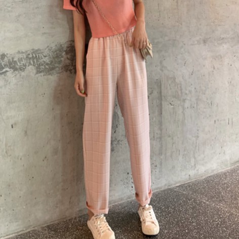 Women's elastic waist plaid casual pants