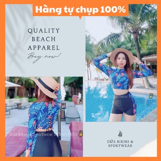 Bikini tay dài đi biển mix quần đùi cạp cao che bụng