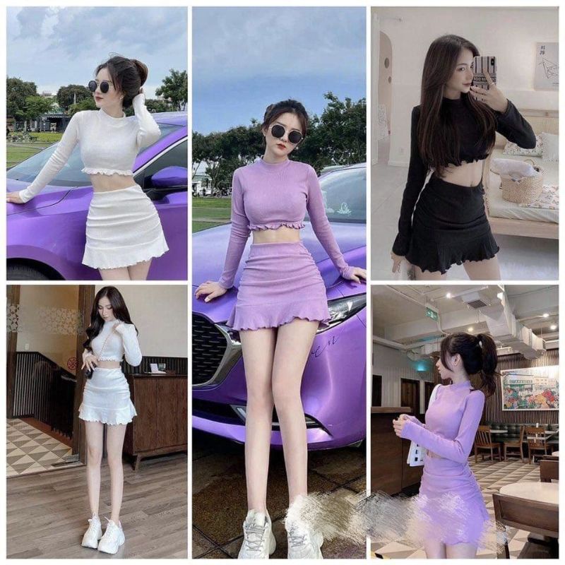 Set Thun Áo Croptop Tay Dài Cổ Cao Và Chân Váy Ngắn Bèo Đuôi Cá Form Ôm Sexy