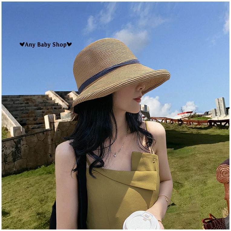 Mũ cói đi chơi, đi biển uốn vành đính dây nơ 5 màu sang chảnh- gấp gọn được (hàng có sẵn) ❣❣