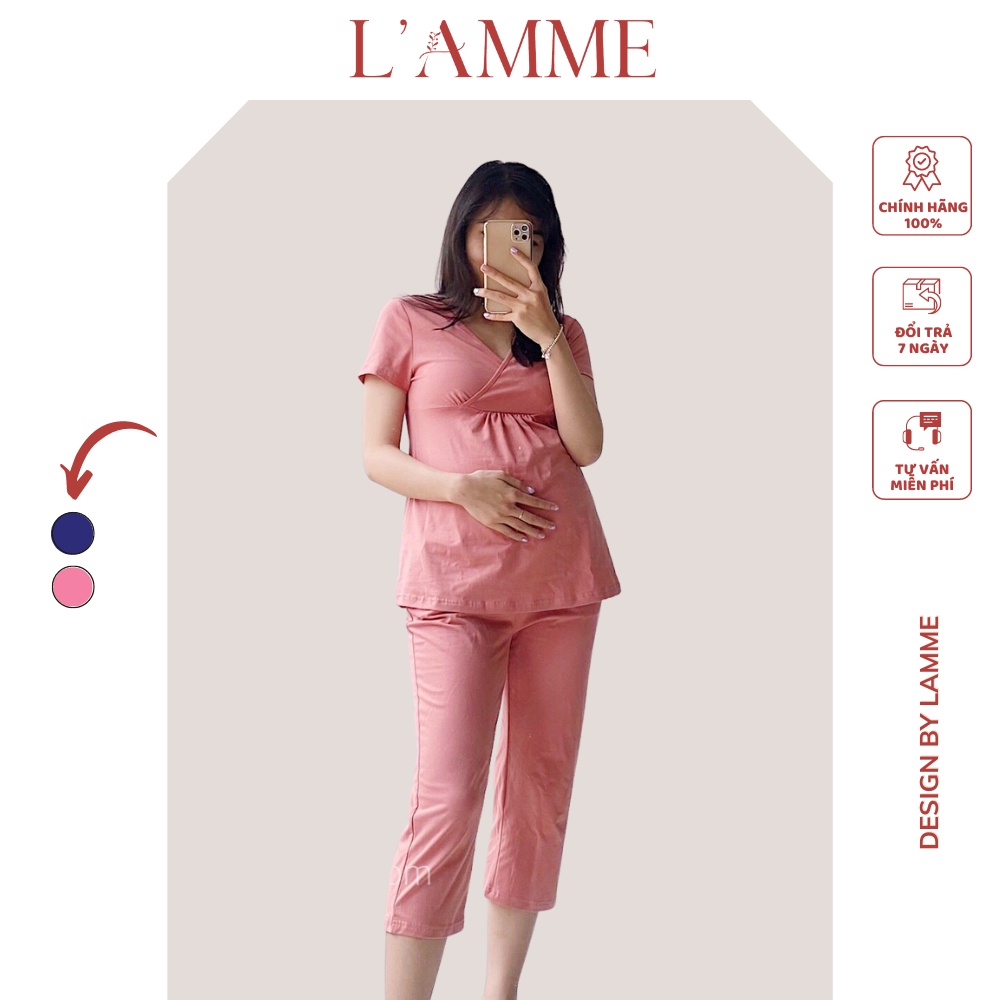 Bộ bầu mặc nhà B10 chất cotton mềm mạicó chỗ cho con bú và chun rút điều chỉnh bụng by LAMME