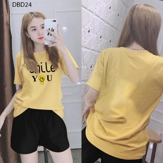 [HOT HOT] Đồ bộ mặc nhà cao cấp quần đùi trơn áo in chữ SMILE cách điệu - DBD24