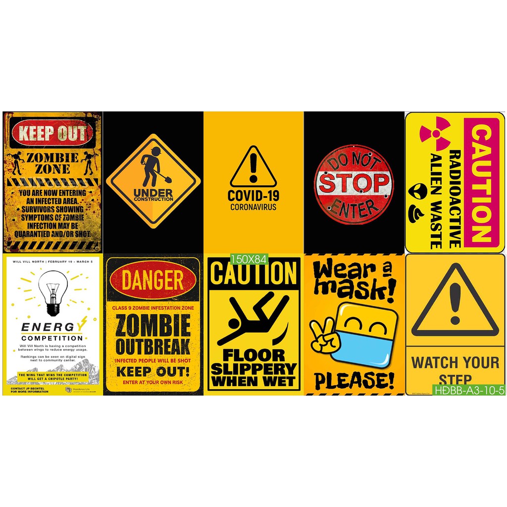 Combo Set 10 tờ Decal biển báo,biển cấm,biển chỉ dẫn dán tường trang trí khổ A3,A4,A5