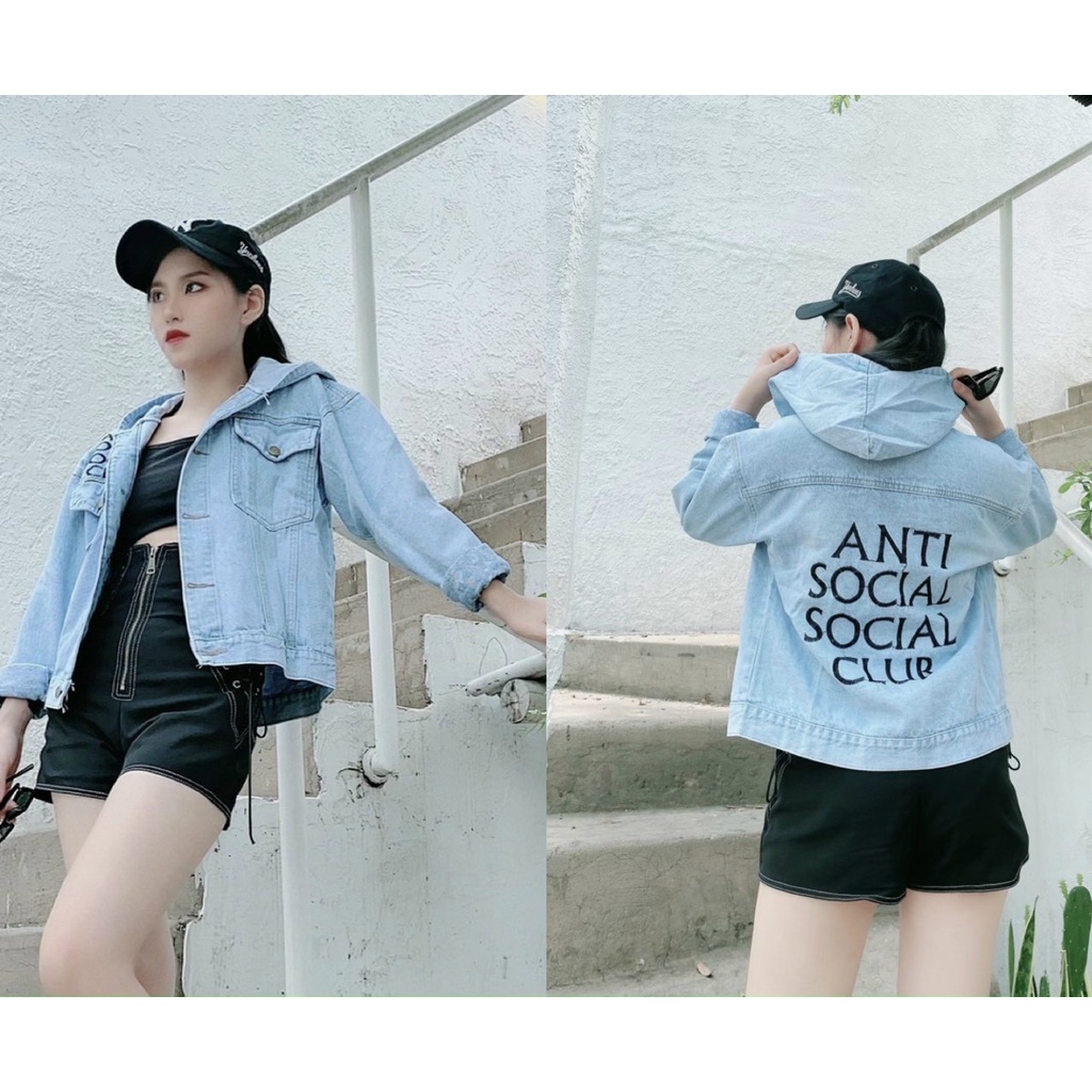 Áo khoác jean nữ có mũ FREE SIZE in chữ cực cá tính, hàng mới về trend 2022, True Store, AKJN21