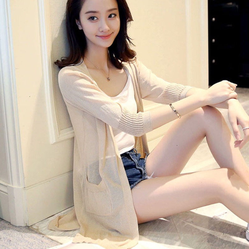 Áo Khoác Cardigan Dệt Kim Dáng Dài Chống Nắng Cho Nữ