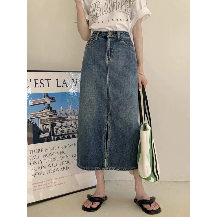 Chân Váy Denim Dài Qua Gối Dáng Chữ a Lưng Cao Phong Cách Phương Tây Retro Cỡ Lớn