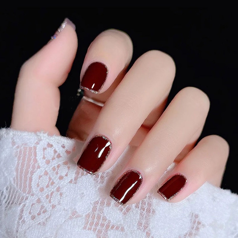 Bộ 24 Móng Tay Giả Màu Đỏ Rượu Vang Đỏ Rượu Vang Có Thể Tháo Rời