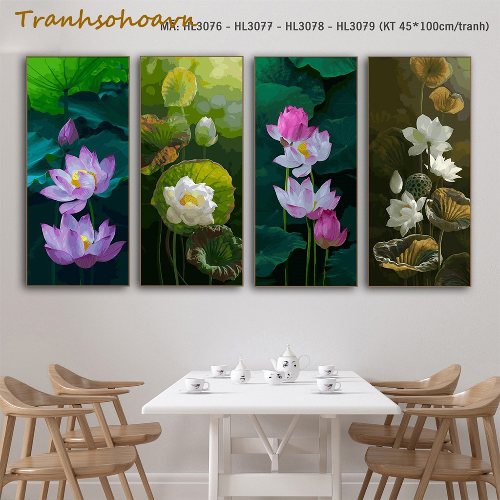 Tranh Sơn Dầu Số Hóa Tự Tô Màu Bộ 4 Tranh Hoa Sen Khổ Lớn (Không Khung) Tranhsohoavn Kích Thước 45x100cm