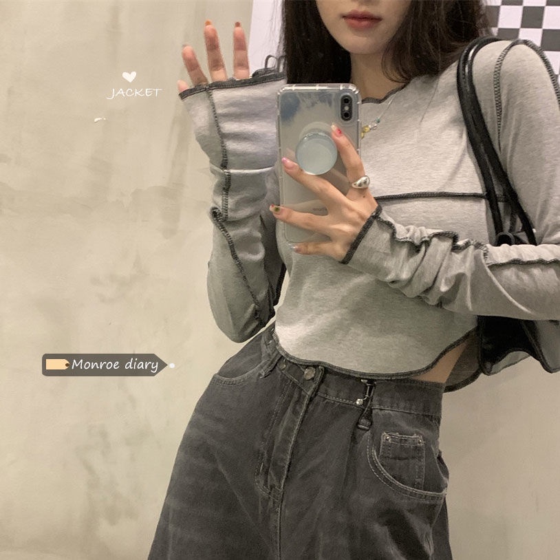 Áo Croptop Tay Dài Lệch Tà Quyến Rũ Thời Trang Phong Cách Hàn Quốc Cho Nữ