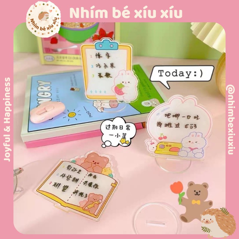 Bảng ghi chú mini gấu thỏ nhựa mica acrylic TẶNG BÚT ĐEN memo board để bàn học VT359
