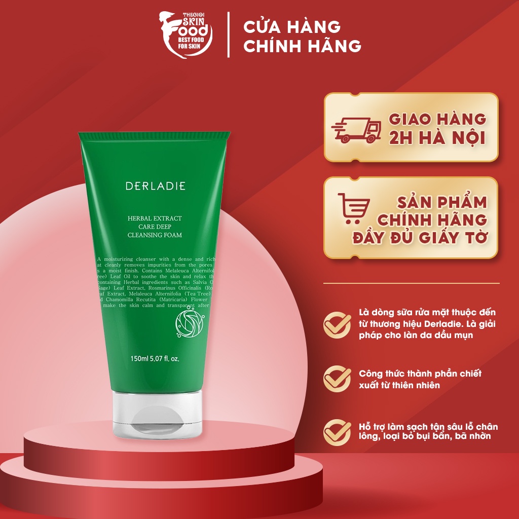 Sữa Rửa Mặt Tràm Trà Sạch Sâu, Kiềm Dầu Cho Da Dầu Mụn Derladie Herbal Extract Care Deep Cleansing Foam 150ml