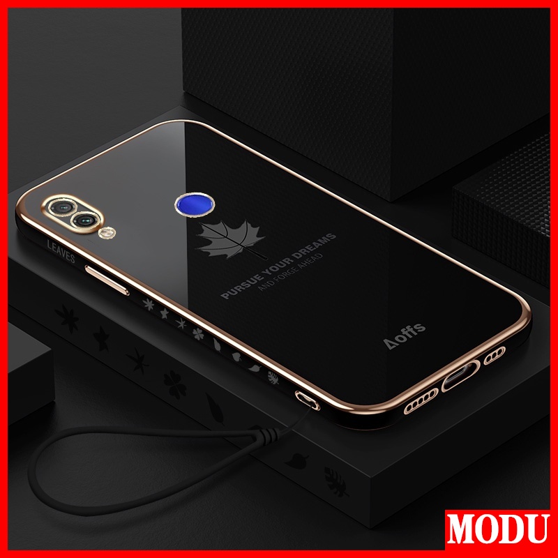 Ốp Điện Thoại Mềm Họa Tiết Lá Phong Dáng Vuông Mạ Màu Sang Trọng + Dây Đeo Cho Xiaomi Redmi Note 7 Pro