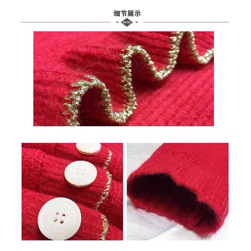 PINKYLA - Khoác len tay dài dày dặn ~ màu đỏ tươi - bèo viền nhũ vàng~ form rộng OVERSIZE / Bigsize