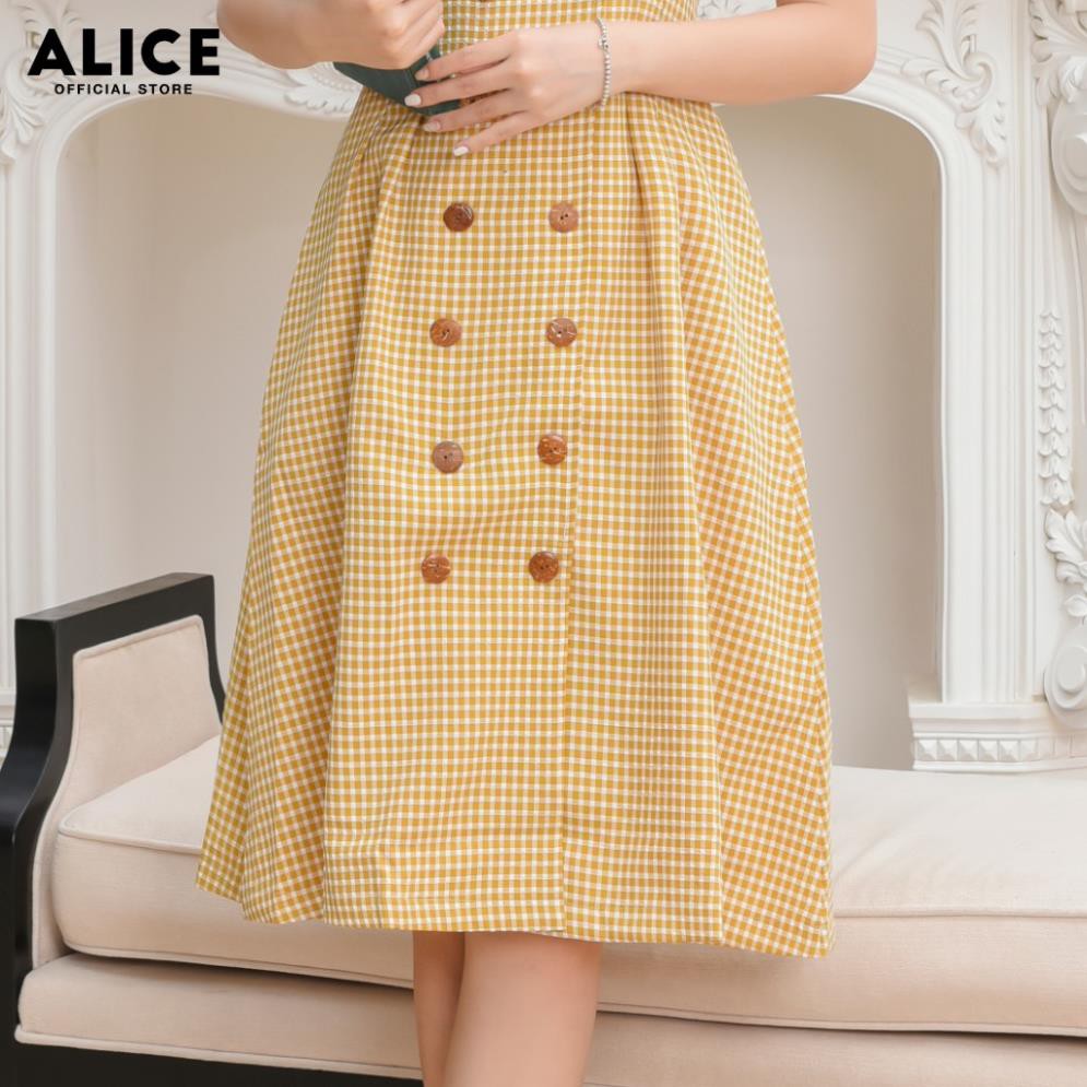 Đầm Thiết Kế Nữ Công Sở ALICE Dáng Dài Xòe Xếp Ly Tay Bồng Cổ Vest Họa Tiết Kẻ Thanh Lịch V667  ྇