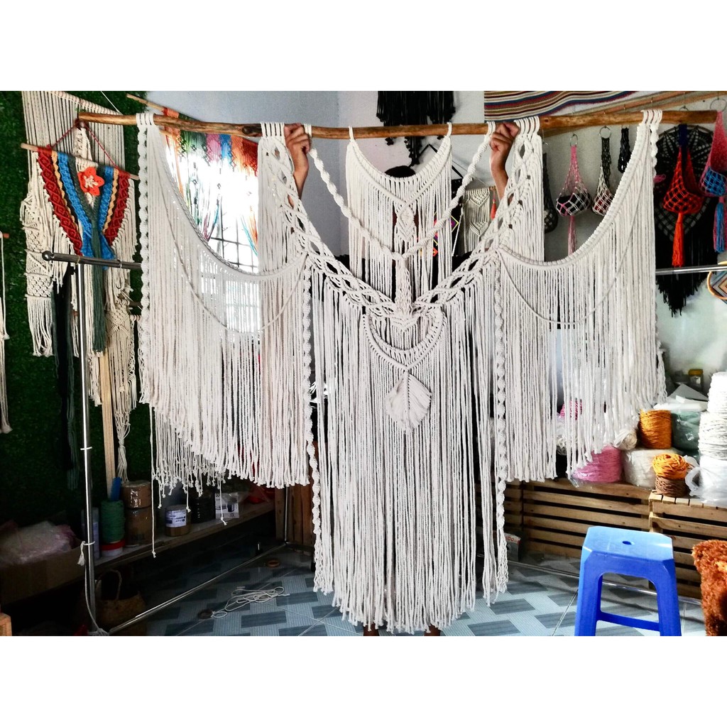 Rèm macrame trang trí tường ngang 1m5x1m3 gồm thanh gỗ [HÌNH THẬT] | Macrame wall hanging vintage