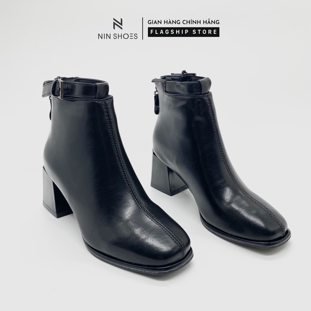 Giày Boot nữ 5p gót vuông khóa giả kéo khóa hông da si cổ thấp Ninshoes | BigBuy360 - bigbuy360.vn