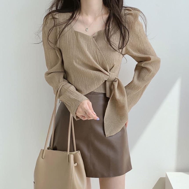 Áo Kiểu  tơ đũi Nữ dài tay cách điệu ulzzang  dáng ngắn ⚡️Hàng quảng châu  thời trang  Cổ vuông Tà lệch