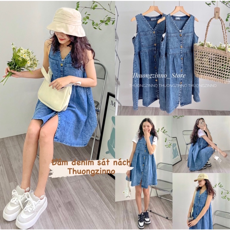 [Ảnh thật/Video]Váy Denim sát nách Dáng Rộng Phong Cách Cổ Điển Váy bò không tay Thời Trang Hàn