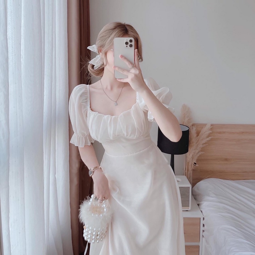 Váy Trắng Cổ Vuông Tay Bồng Dáng Dài HT36 HaLuu Store Phù Hợp Cho Nữ