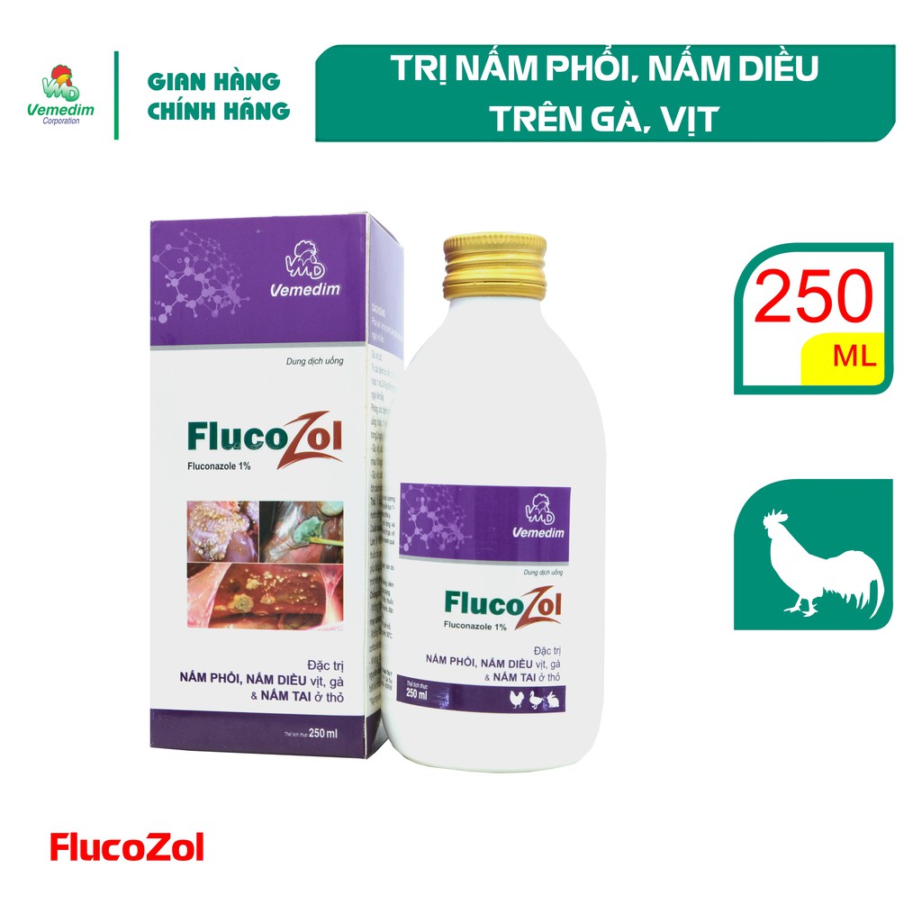 Vemedim Flucozol pha vào nước uống dùng chống nấm phổi, nấm diều trên vịt, gà, nấm tai (thỏ)