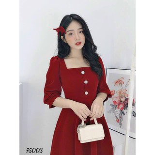 Đầm xòe cổ vuông phối nút siêu hot