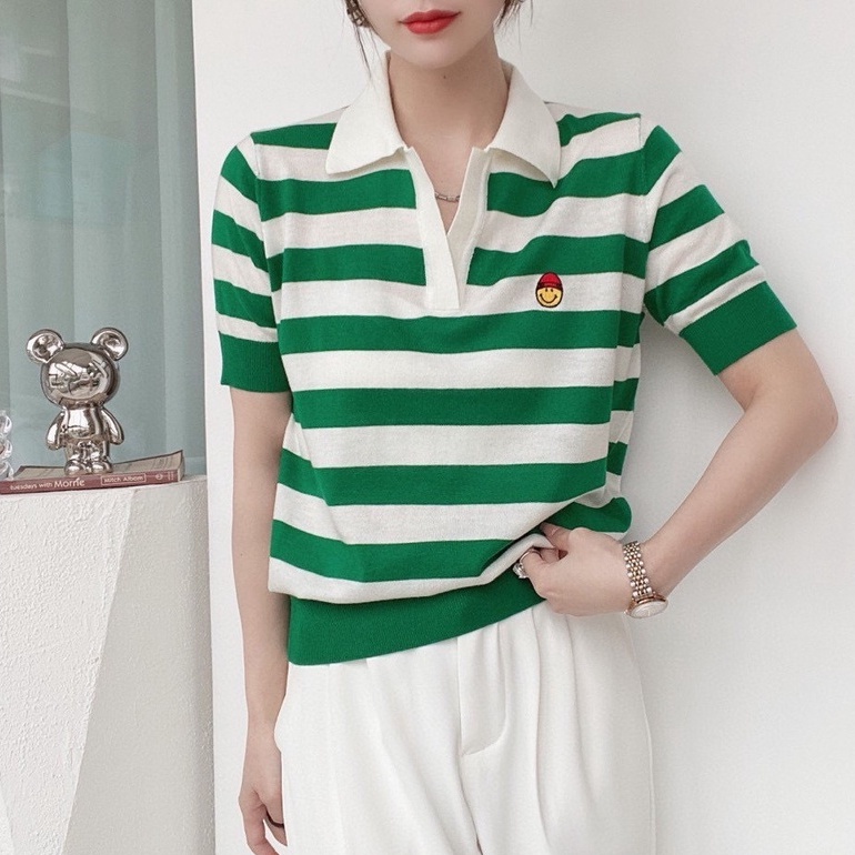 Áo thun ZHELIHANGFEI dệt kim ngắn tay họa tiết kẻ sọc trẻ trung