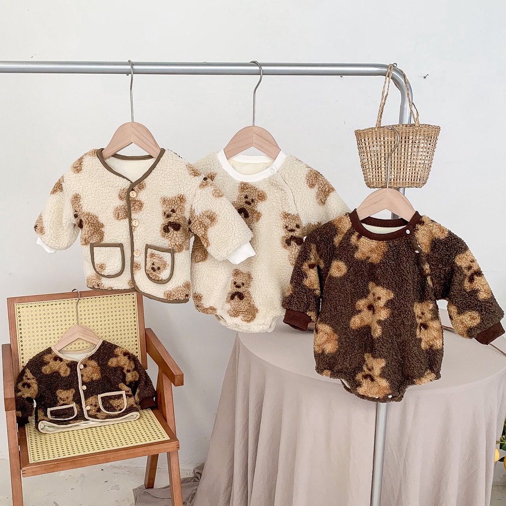 Áo liền quần tay dài in hình gấu hoạt hình dễ thương thời trang cho bé trai bé gái 0-24 tháng tuổi
